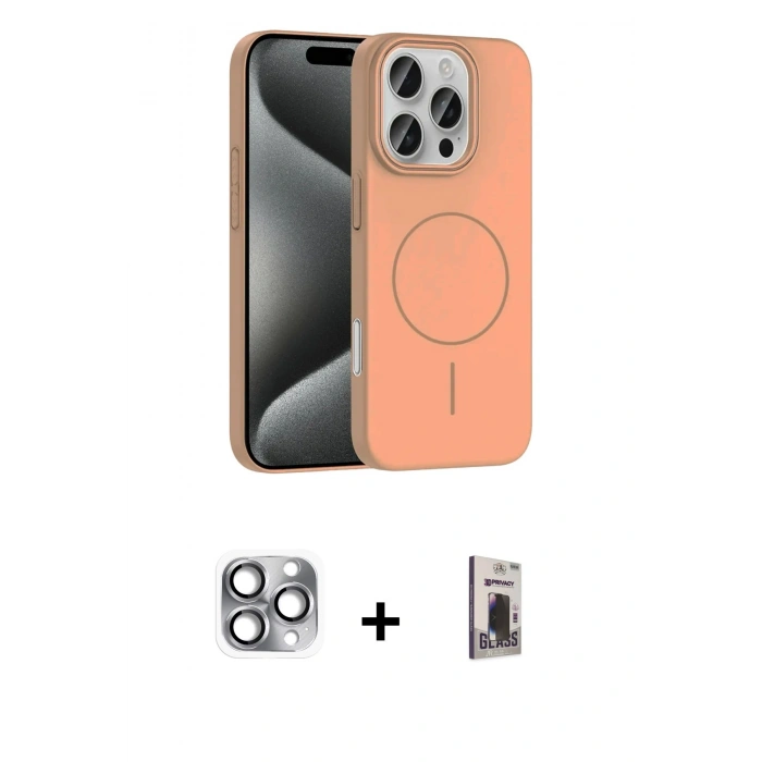 ieg™ iPhone 16 Pro Max Kılıf Siluet Doku Özel Seri - Siyah Bilvis Hayalet Cam Ekran Koruyucu + Gri Pers Alüminyum Kamera Lens