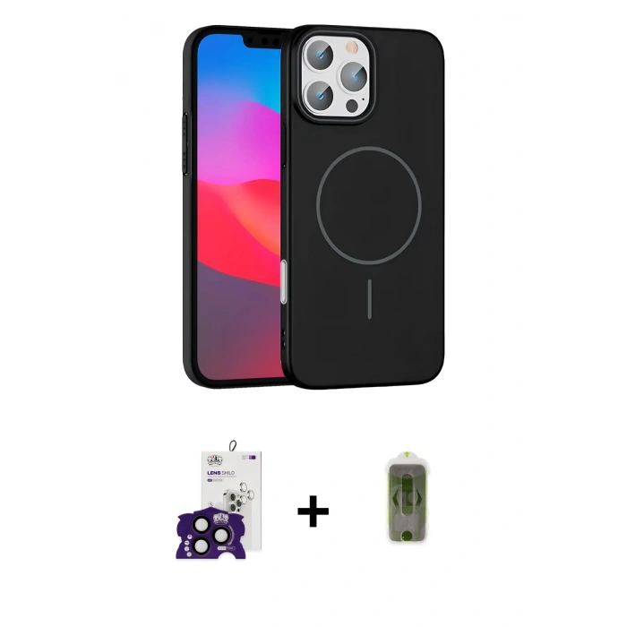 ieg™ iPhone 16 Pro Max Kılıf Siluet Doku Özel Seri - Siyah Joko Magic 5D Hayalet Cam + Siyah Bilvis Titan Kamera Lens