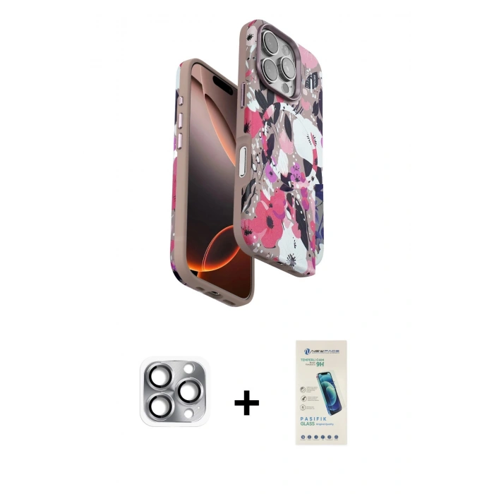 ieg™ iPhone 16 Pro Max Kılıf Siluet Doku - Şeffaf Pasifik Cam Ekran Koruyucu + Gri Pers Alüminyum Kamera Lens
