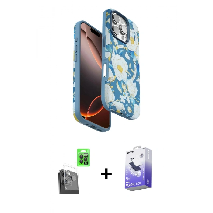 ieg™ iPhone 16 Pro Max Kılıf Siluet Doku - Siyah Bilvis 5in1 5D Magic Hayalet Cam Ekran Koruyucu + Siyah Raze Metal Kamera Lens