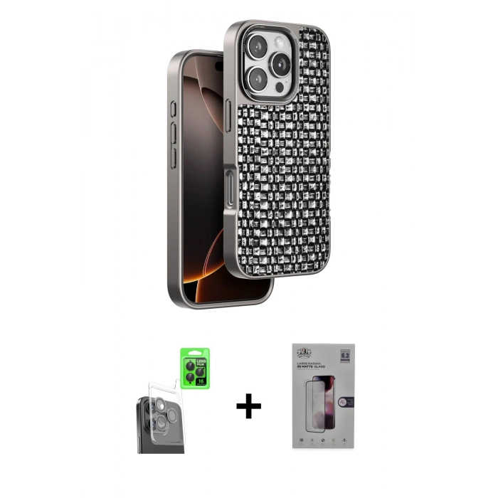 ieg™ iPhone 16 Pro Max Kılıf Siluet Form Serisi - Siyah Bilvis 3D Mat Cam Ekran Koruyucu + Siyah Raze Metal Kamera Lens
