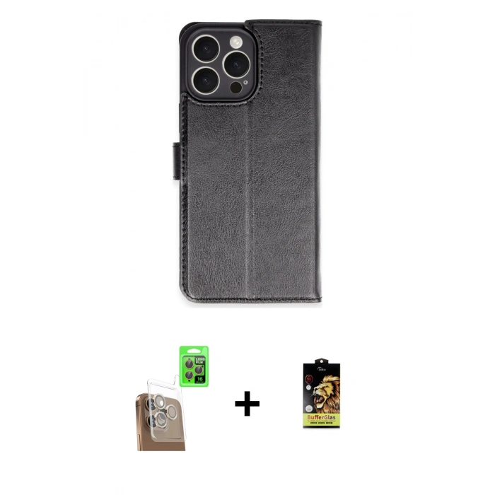 ieg™ iPhone 16 Pro Max Kılıf Siluet Işık Serisi - Siyah Buffer Cam Ekran Koruyucu + Çöl Titanyum Raze Metal Kamera Lens