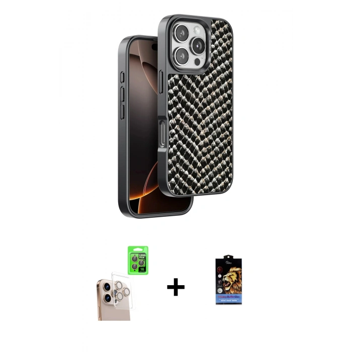 ieg™ iPhone 16 Pro Max Kılıf Vadi Özel Seri - Siyah Buffer Hayalet Cam Ekran Koruyucu + Natural Grey Raze Metal Kamera Lens