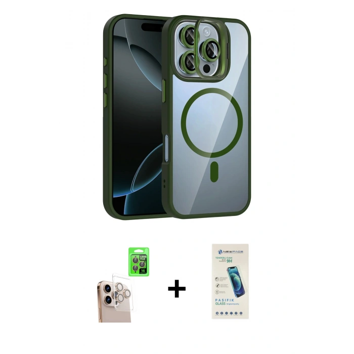 ieg™ iPhone 16 Pro Max Kılıf Yadigar Asil Koleksiyonu - Şeffaf Pasifik Cam Ekran Koruyucu + Natural Grey Raze Metal Kamera Lens