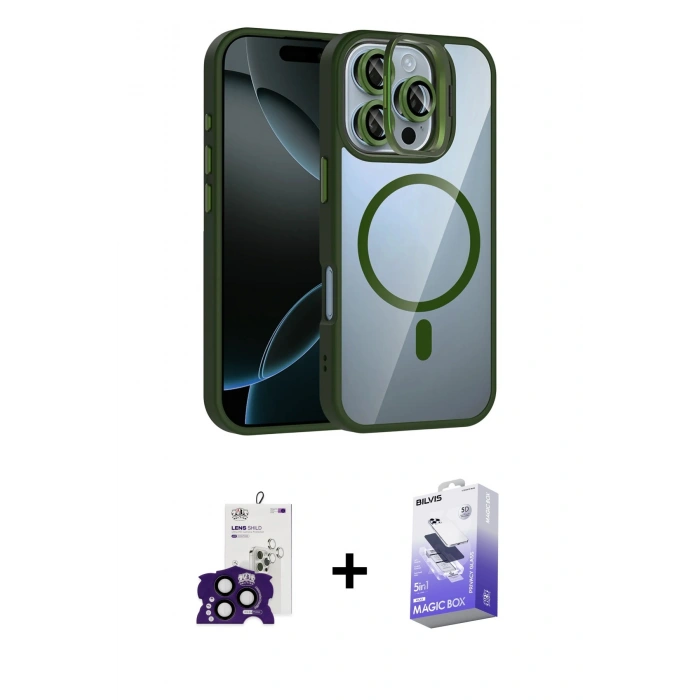ieg™ iPhone 16 Pro Max Kılıf Yadigar Asil Koleksiyonu - Siyah Bilvis 5in1 5D Magic Hayalet Cam Ekran Koruyucu + Siyah Bilvis Titan Kamera Lens