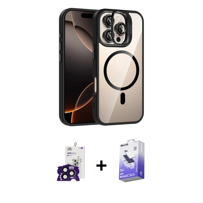ieg™ iPhone 16 Pro Max Kılıf Yadigar Asil Koleksiyonu - Siyah Bilvis 5in1 5D Magic Hayalet Cam Ekran Koruyucu + Siyah Bilvis Titan Kamera Lens
