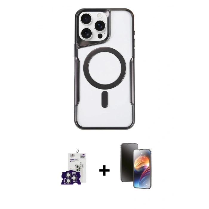 ieg™ iPhone 16 Pro Max Kılıf Yadigar Klasik Özel Seri - Siyah 3D Antistatik Mat Seramik Nano Ekran Koruyucu + Titanyum Gri Bilvis Titan Kamera Lens