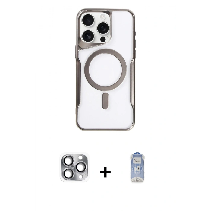 ieg™ iPhone 16 Pro Max Kılıf Yadigar Klasik Özel Seri - Siyah Joko Magic 5D Cam + Gri Pers Alüminyum Kamera Lens