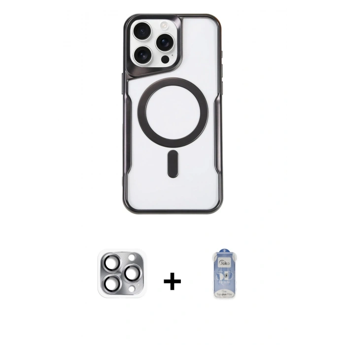 ieg™ iPhone 16 Pro Max Kılıf Yadigar Klasik Özel Seri - Siyah Joko Magic 5D Cam + Gri Pers Alüminyum Kamera Lens