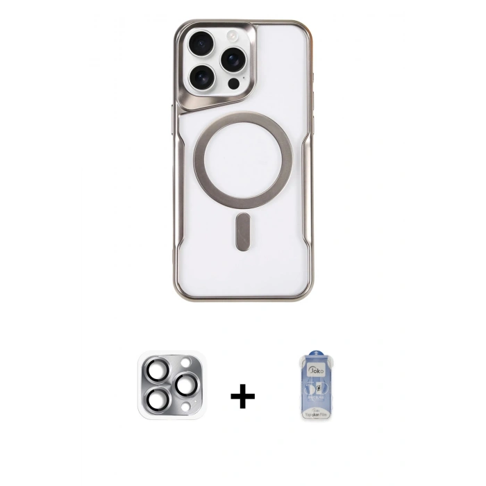 ieg™ iPhone 16 Pro Max Kılıf Yadigar Klasik Özel Seri - Siyah Joko Magic 5D Cam + Gri Pers Alüminyum Kamera Lens