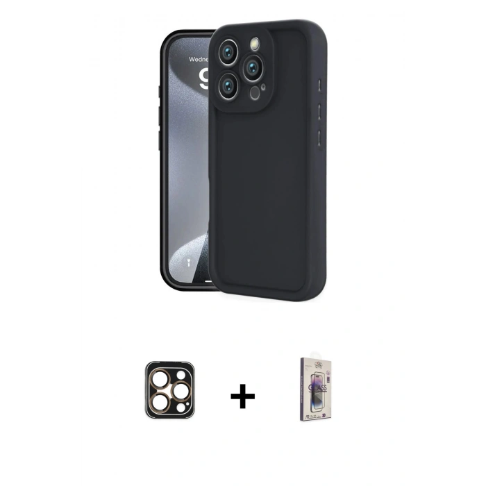 ieg™ iPhone 16 Pro Max Kılıf Yankı Yansıma Özel Seri - Siyah Bilvis 3D Cam Ekran Koruyucu + Gold PVD Metal Kamera Lens