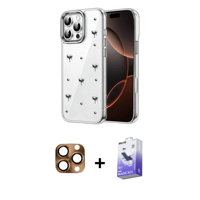 ieg™ iPhone 16 Pro Max Kılıf Yörünge Form - Siyah Bilvis 5in1 5D Magic Hayalet Cam Ekran Koruyucu + Çöl Titanyum Pers Alüminyum Kamera Lens
