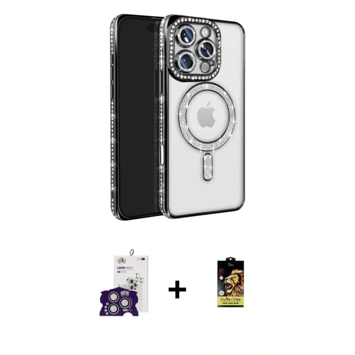 ieg™ iPhone 16 Pro Max Kılıf Zirve Doku Prime - Siyah Buffer Cam Ekran Koruyucu + Gümüş Bilvis Titan Kamera Lens
