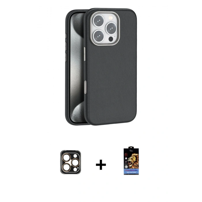 ieg™ iPhone 16 Pro Max Kılıf Zirve Modern Prime - Siyah Buffer Hayalet Cam Ekran Koruyucu + Gold PVD Metal Kamera Lens