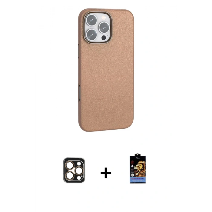 ieg™ iPhone 16 Pro Max Kılıf Zirve Modern Prime - Siyah Buffer Hayalet Cam Ekran Koruyucu + Gold PVD Metal Kamera Lens