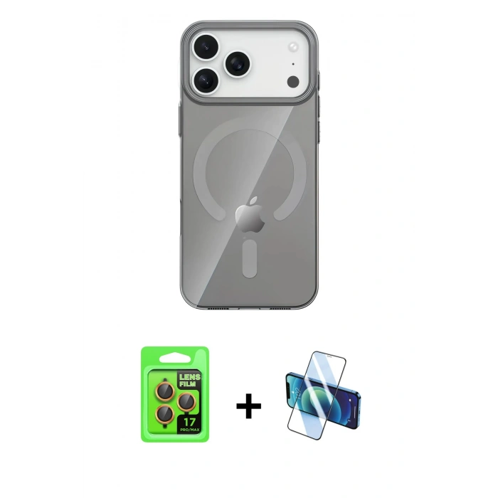 ieg™ iPhone 17 Pro Kılıf Pusula Form Özel Seri - Siyah 3D Antistatik Seramik Nano Ekran Koruyucu + Turuncu Raze Metal Kamera Lens
