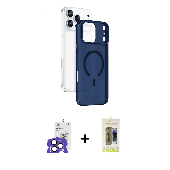 ieg™ iPhone 17 Pro Max Kılıf Ahenk Minimal Serisi - Siyah Joko Magic 5D Hayalet Cam + Natural Grey Bilvis Titan Kamera Lens