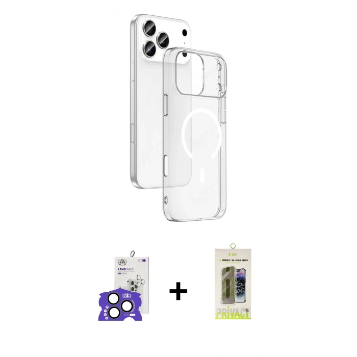 ieg™ iPhone 17 Pro Max Kılıf Ahenk Minimal Serisi - Siyah Joko Magic 5D Hayalet Cam + Natural Grey Bilvis Titan Kamera Lens
