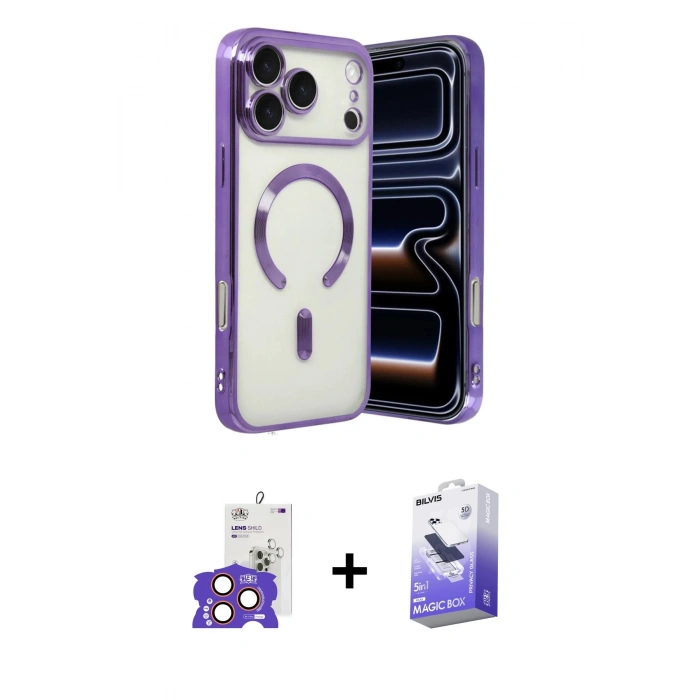 ieg™ iPhone 17 Pro Max Kılıf Nova Işık Özel Seri - Siyah Bilvis 5in1 5D Magic Hayalet Cam Ekran Koruyucu + Turuncu Bilvis Titan Kamera Lens