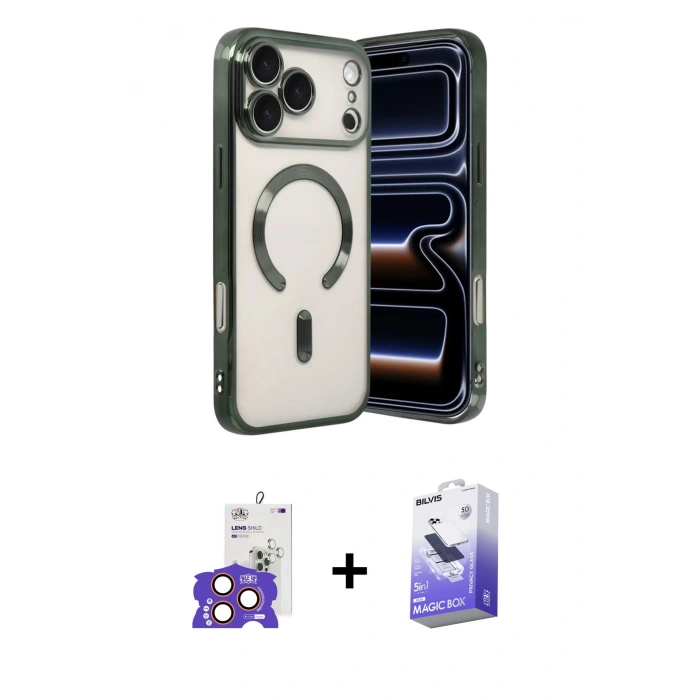 ieg™ iPhone 17 Pro Max Kılıf Nova Işık Özel Seri - Siyah Bilvis 5in1 5D Magic Hayalet Cam Ekran Koruyucu + Turuncu Bilvis Titan Kamera Lens