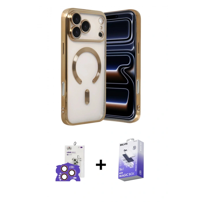ieg™ iPhone 17 Pro Max Kılıf Nova Işık Özel Seri - Siyah Bilvis 5in1 5D Magic Hayalet Cam Ekran Koruyucu + Turuncu Bilvis Titan Kamera Lens