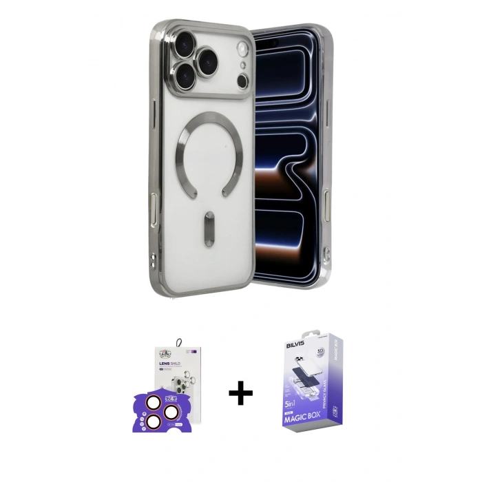 ieg™ iPhone 17 Pro Max Kılıf Nova Işık Özel Seri - Siyah Bilvis 5in1 5D Magic Hayalet Cam Ekran Koruyucu + Turuncu Bilvis Titan Kamera Lens