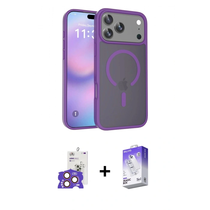 ieg™ iPhone 17 Pro Max Kılıf Siluet Minimal Prime - Siyah Bilvis 5in1 3D Magic Cam Ekran Koruyucu + Turuncu Bilvis Titan Kamera Lens
