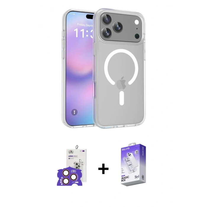 ieg™ iPhone 17 Pro Max Kılıf Siluet Minimal Prime - Siyah Bilvis 5in1 3D Magic Cam Ekran Koruyucu + Turuncu Bilvis Titan Kamera Lens