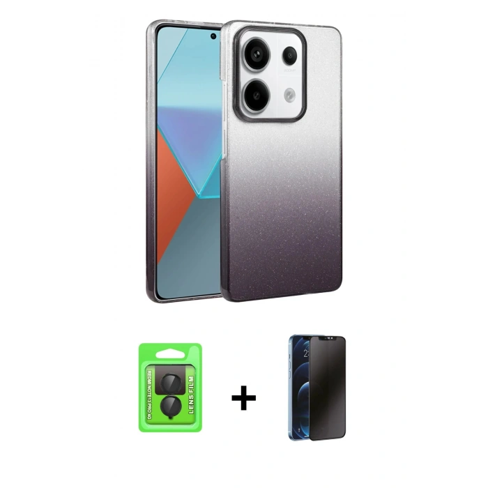 ieg™ Redmi Note 13 Pro 4G Kılıf Kıvılcım Minimal Özel Seri - Siyah 3D Antistatik Hayalet Cam Ekran Koruyucu + Siyah Raze Metal Kamera Lens