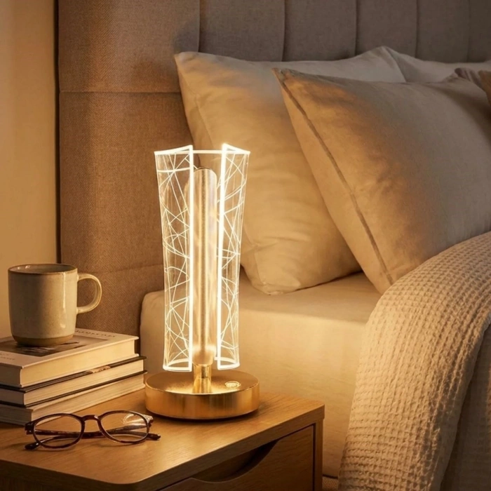 İki Yandan Kavisli Silindirik Geometrik Çizgi Model Kristal LED Masa Lambası – Dokunmatik, 3 Renk Işık Modlu, Şarjlı Dekoratif Gece Lambası (4887)