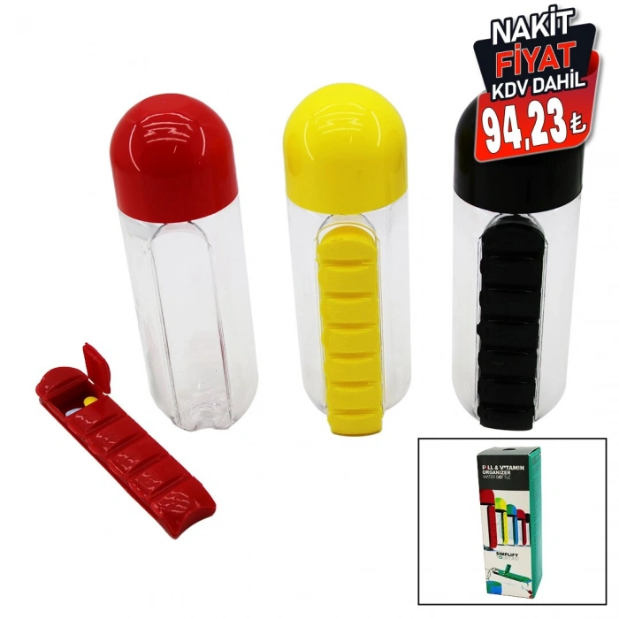 İLAÇ KUTULU PLASTİK SULUK MATARA RENKLİ BARDAK KAPAKLI 600ML (4887)