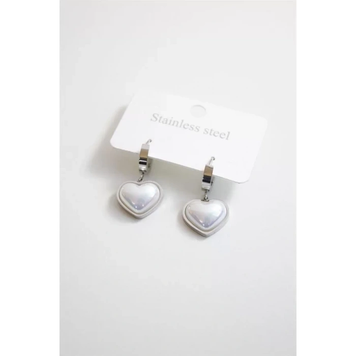 İncili Çelik Kalp Küpe - Gümüş