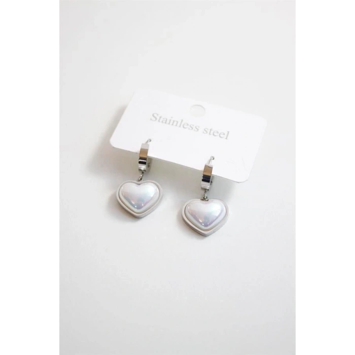 İncili Çelik Kalp Küpe - Gümüş