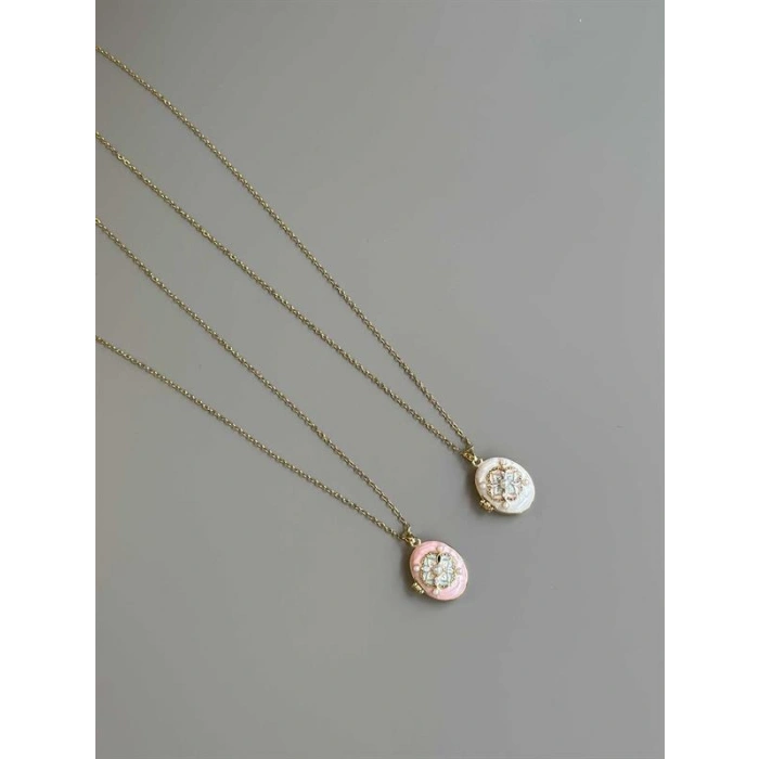 İncili Etnik Desen Kapaklı Kolye - Pembe