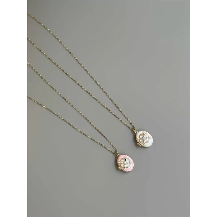 İncili Etnik Desen Kapaklı Kolye - Pembe