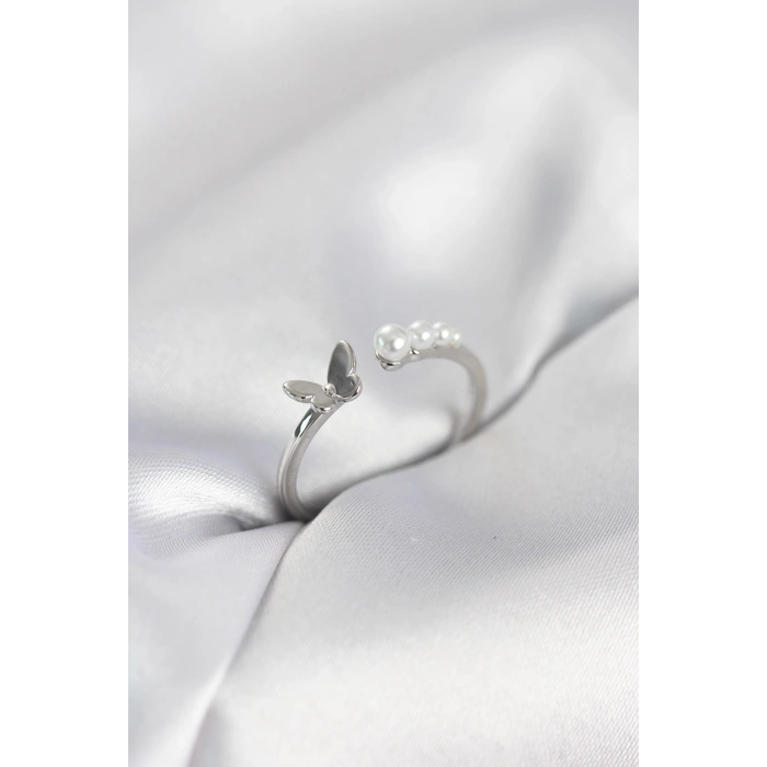 İncili Kelebek Model Gümüş Renk Pirinç Kadın Yüzük - TJ-BYK4120