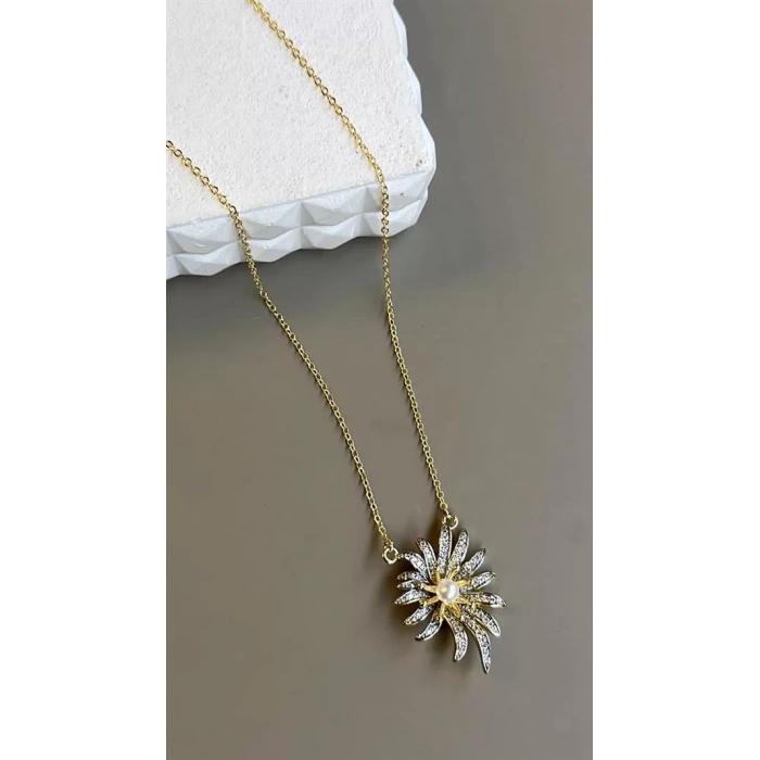 İncili Papatya Kolye - Altın