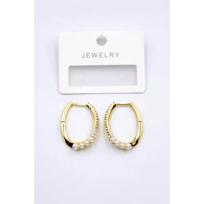 İncili Taşlı Halka Küpe - Altın