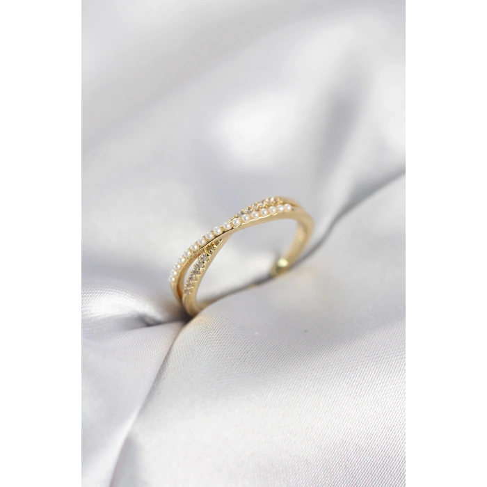 İncili ve Zirkon Taşlı Gold Renk Kadın Yüzük - TJ-BYK4107