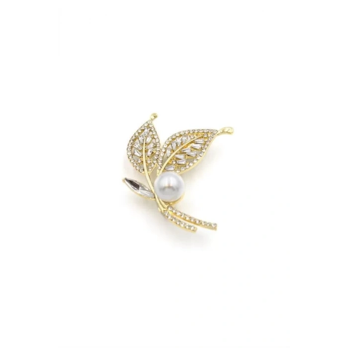 İncili Yaprak Broş - Altın