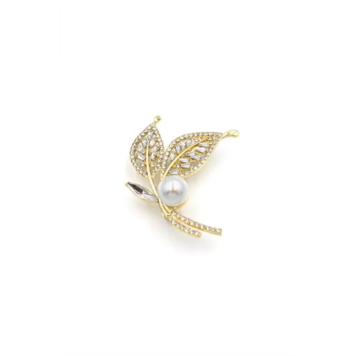 İncili Yaprak Broş - Altın