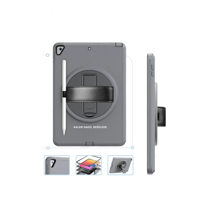 iPad 10.2 (7.nesil) Kılıf Hand Strap Tablet Kılıfı - Gri