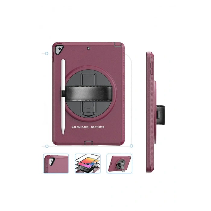 iPad 10.2 (7.nesil) Kılıf Hand Strap Tablet Kılıfı - Mürdüm