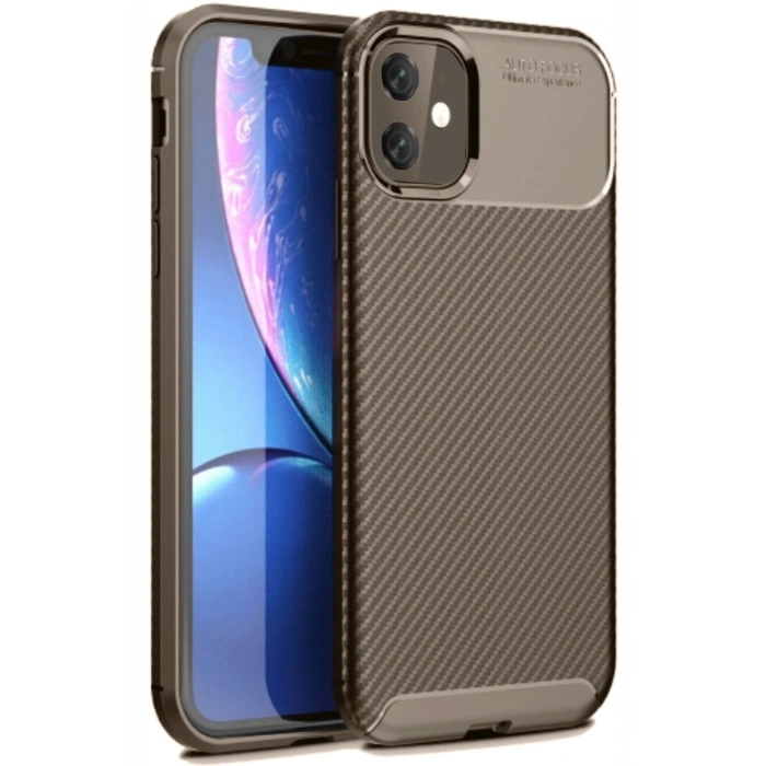 iPhone 11 Kılıf Auto Focus Karbon Kapak - Kahverengi