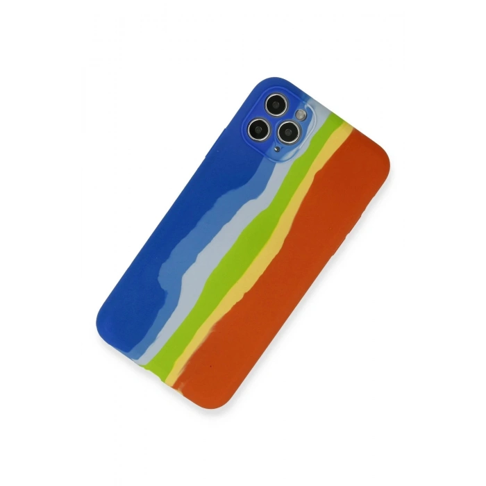 iPhone 11 Pro Kılıf Ebruli Lansman Silikon - Mavi-Turuncu
