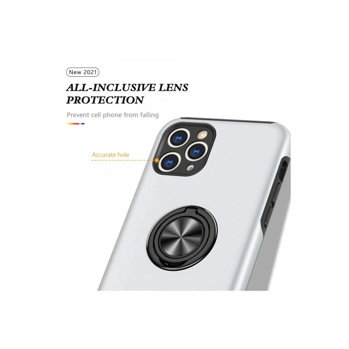 iPhone 11 Pro Max Kılıf Elit Yüzüklü Kapak - Gümüş