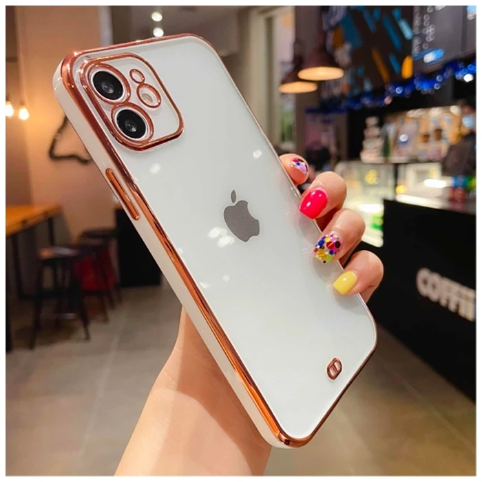 İphone 12 6.1inç Gold Çerçeve Kamera Korumalı Silikon Bumper Kılıf