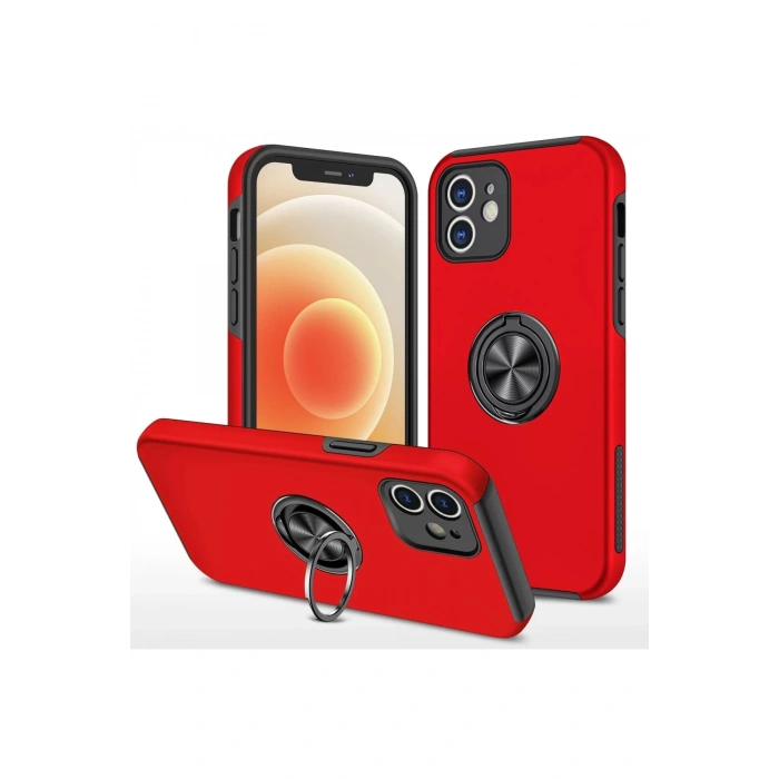 iPhone 12 Kılıf Elit Yüzüklü Kapak - Kırmızı