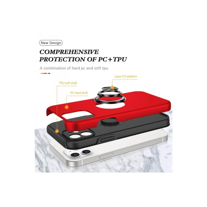 iPhone 12 Kılıf Elit Yüzüklü Kapak - Kırmızı