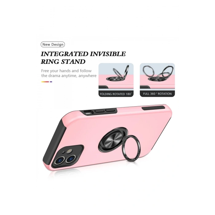 iPhone 12 Kılıf Elit Yüzüklü Kapak - Pembe